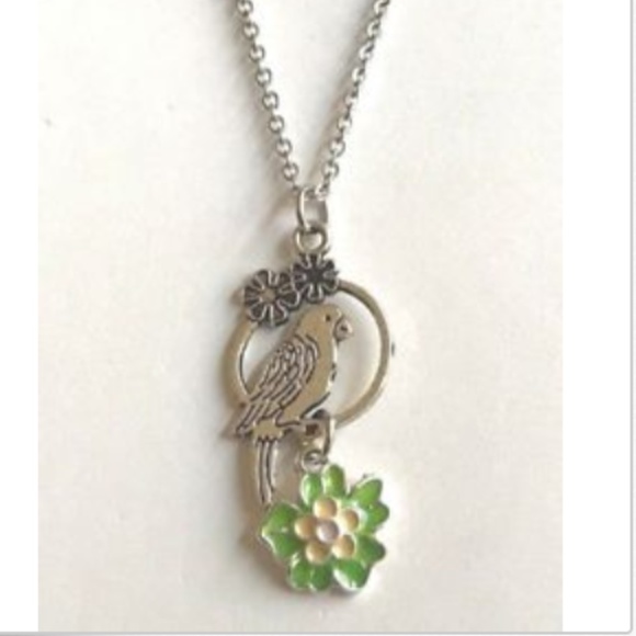 Vintage Parrot Necklace 20" Stainless Steel Chain Silver Tone Island Flowers - Picture 6 of 12